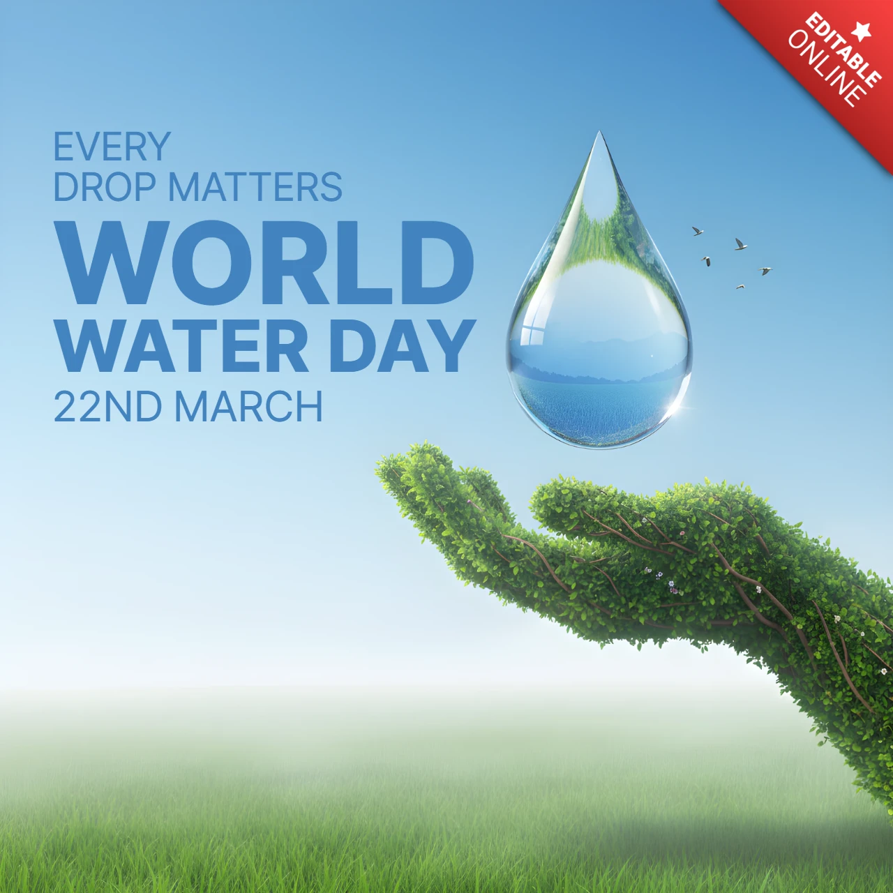 Póster decorativo del día mundial del agua 2026 con follaje verde y cielo azul.