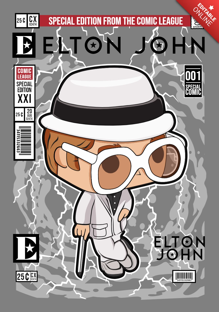 Elton John Cartoon Character Magazine Cover Design Template