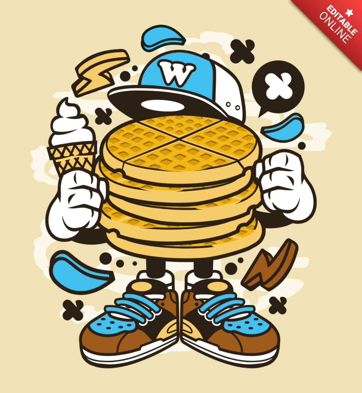 Ontbijtwafels cartoon karakter t-shirt ontwerp sjabloon