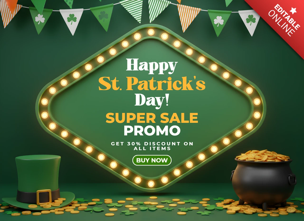 Modèle d'affiche de célébration de la Saint-Patrick avec des fanions décoratifs, des trèfles et une promotion super vente.