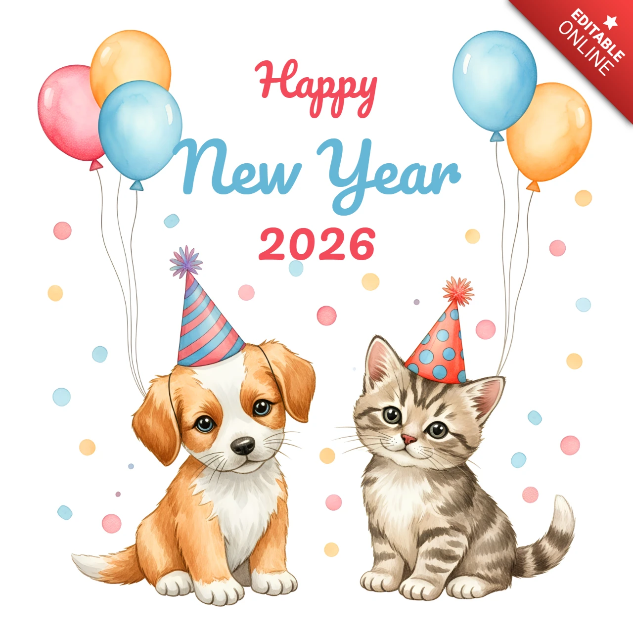 Happy New Year 2026 Design Template with Cute Puppy and Kitten Balloons for Greeting Card