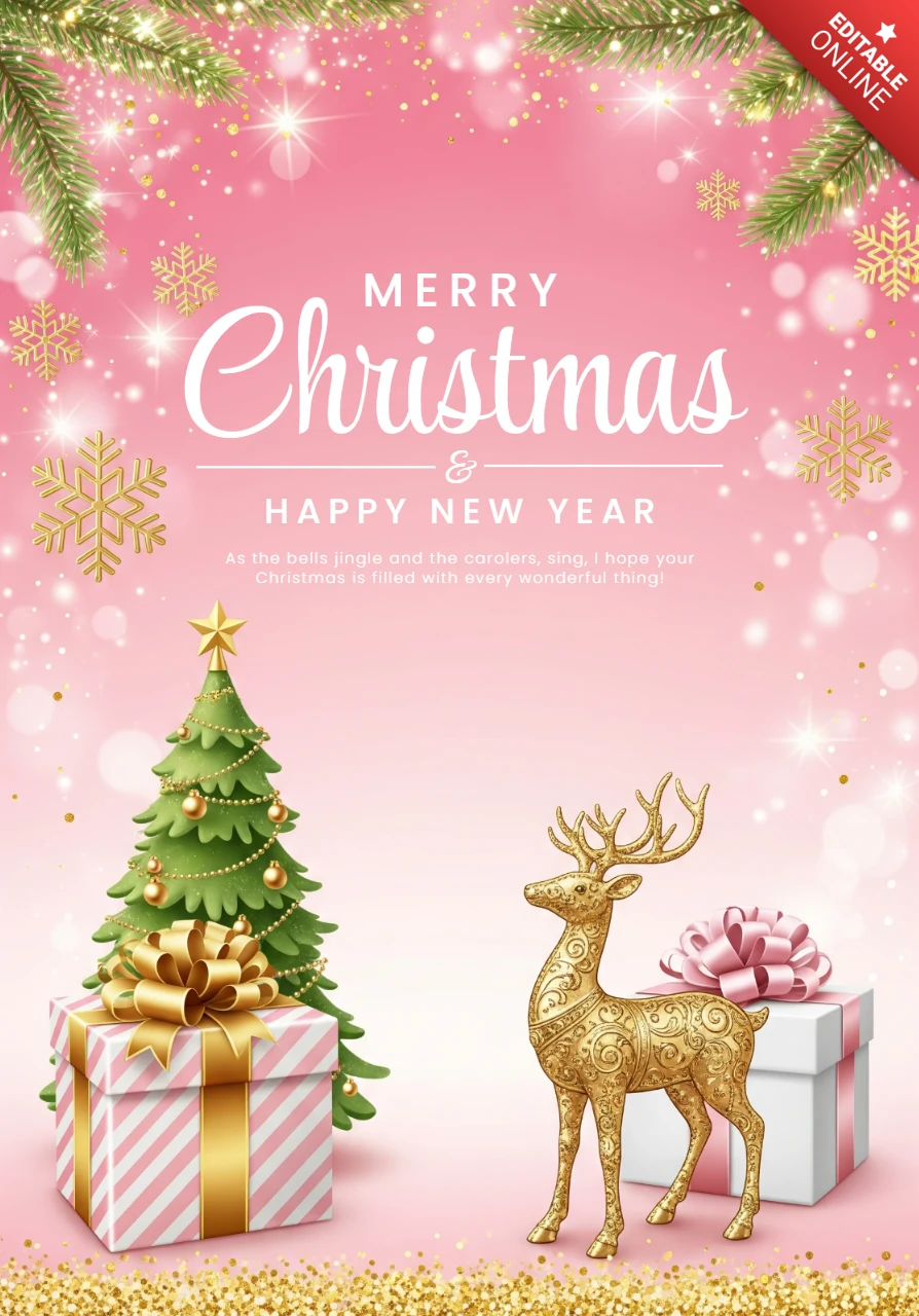 Weihnachtskarte mit rosa Leinwand, Weihnachtsbaum und Geschenkarrangement mit goldenen Bändern