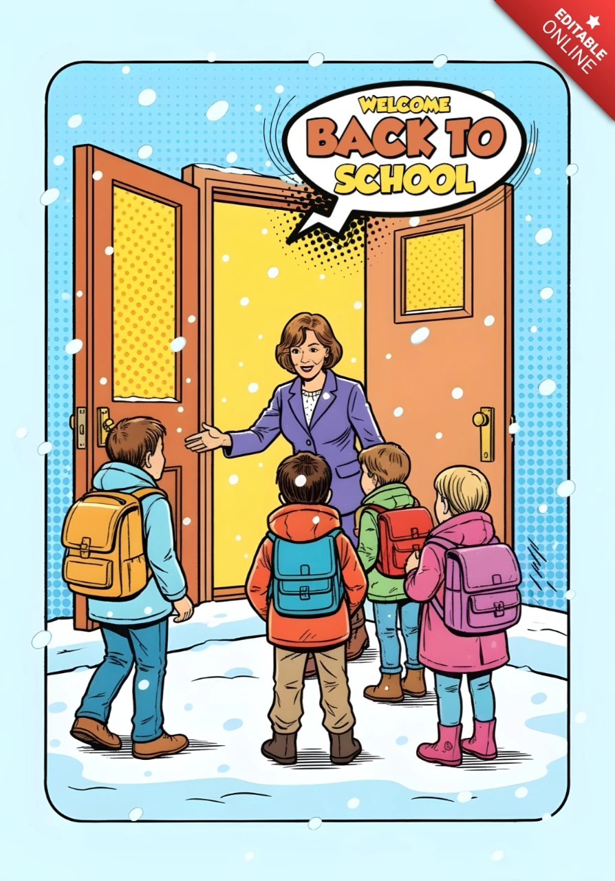 Volta às aulas, alunos chegando na neve com professor cumprimentando na entrada da escola, modelo de design de cartaz.