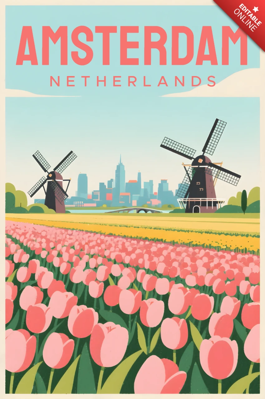 Template di design vintage di Amsterdam con tulipani e mulini a vento per poster di viaggio