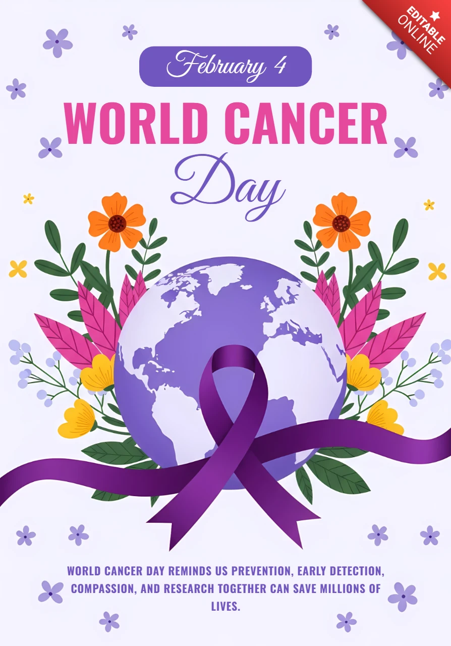 Plantilla de diseño floral para carteles de concienciación del Día Mundial del Cáncer.
