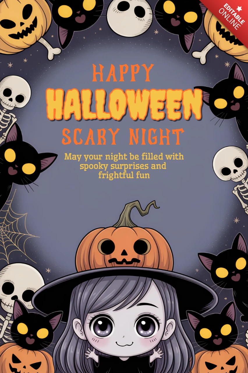 Glückliches Halloween-Design-Template mit niedlichen Geistern, Katzen und Kürbissen für Partyeinladungen