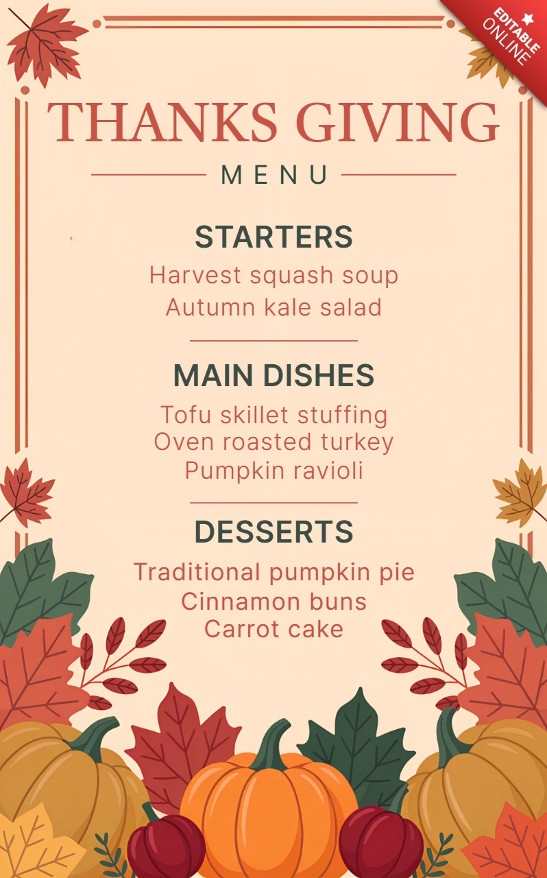 Thanksgiving Menu Design Template with Autumn Leaves and Pumpkins for Festive Events