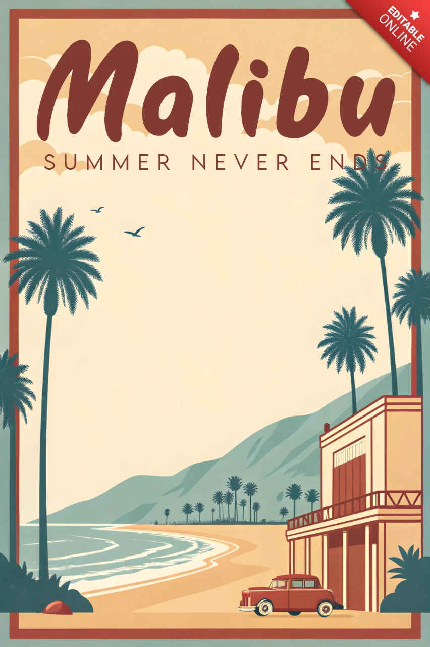Retro-Flachdesign Malibu Beach für Vintage-Reiseplakate und -Drucke