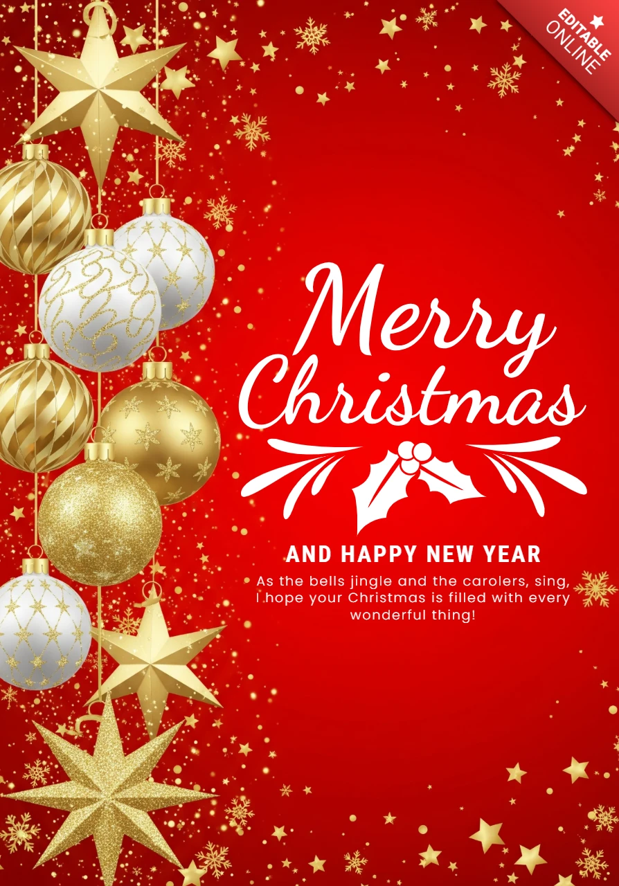Biglietto di Natale e Capodanno elegante, design decorativo rosso-oro per auguri festivi