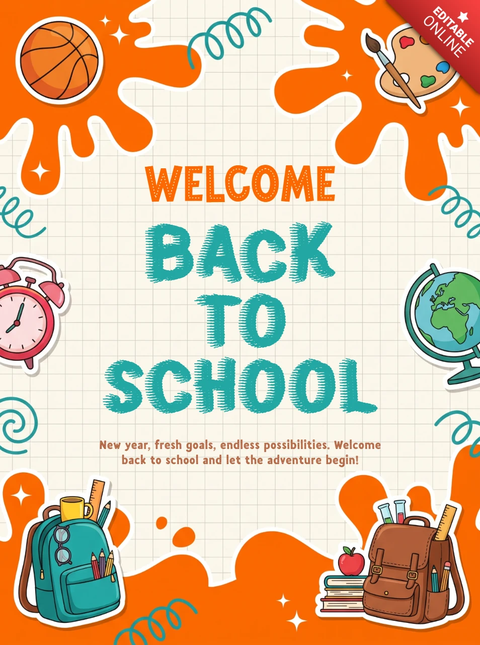 Welcome back to school poster design with colorful education supplies and orange paint splashes for students and kids