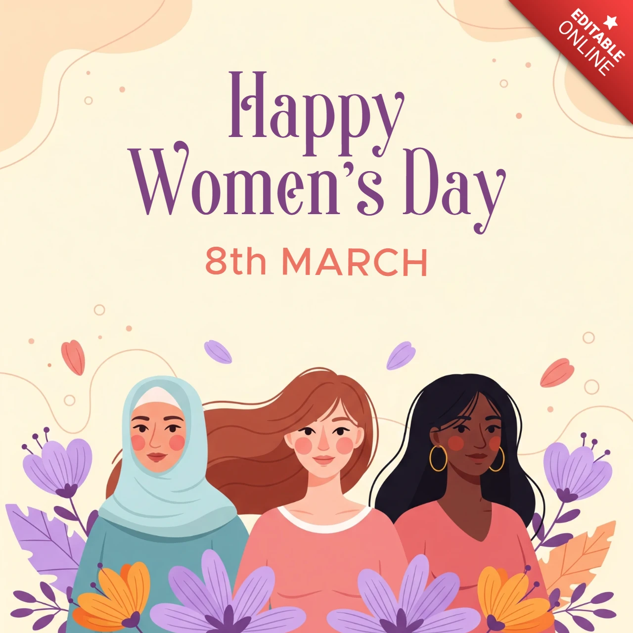 Internationale vrouwendag poster template met vrouwen samen, bloemen en een decoratieve achtergrond