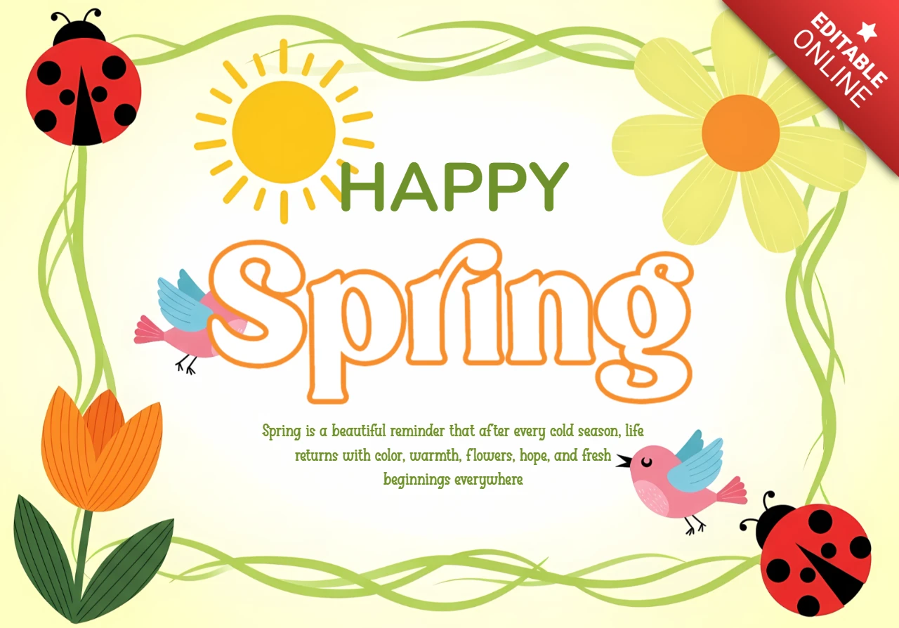 Feliz template de primavera com flores e pássaros para cartões de saudação