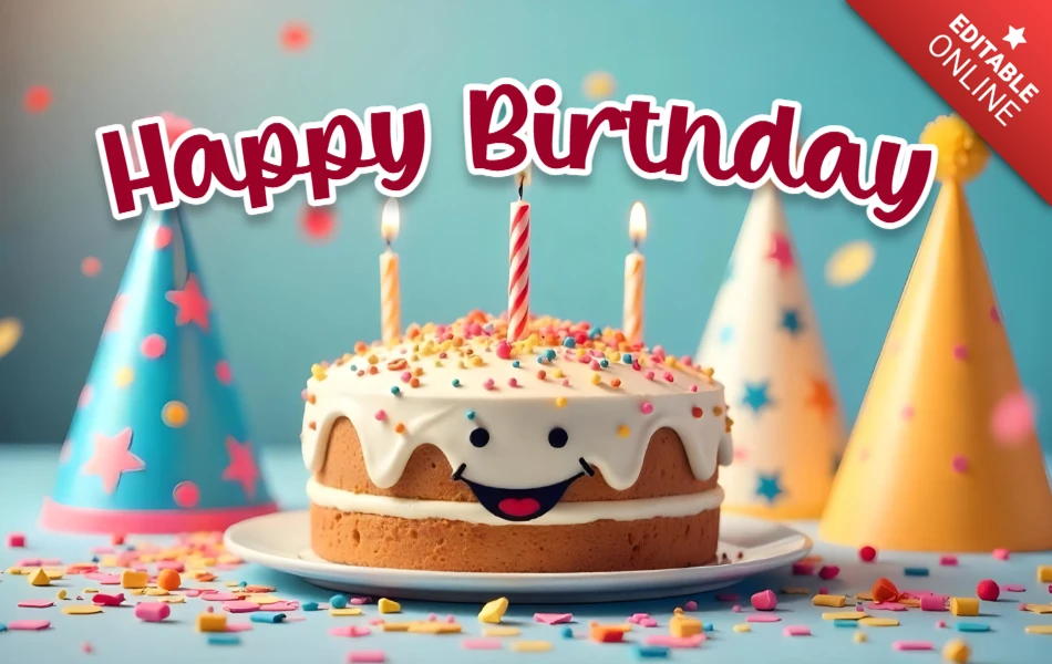 Modello di torta di buon compleanno con cappelli da festa e decorazioni festive