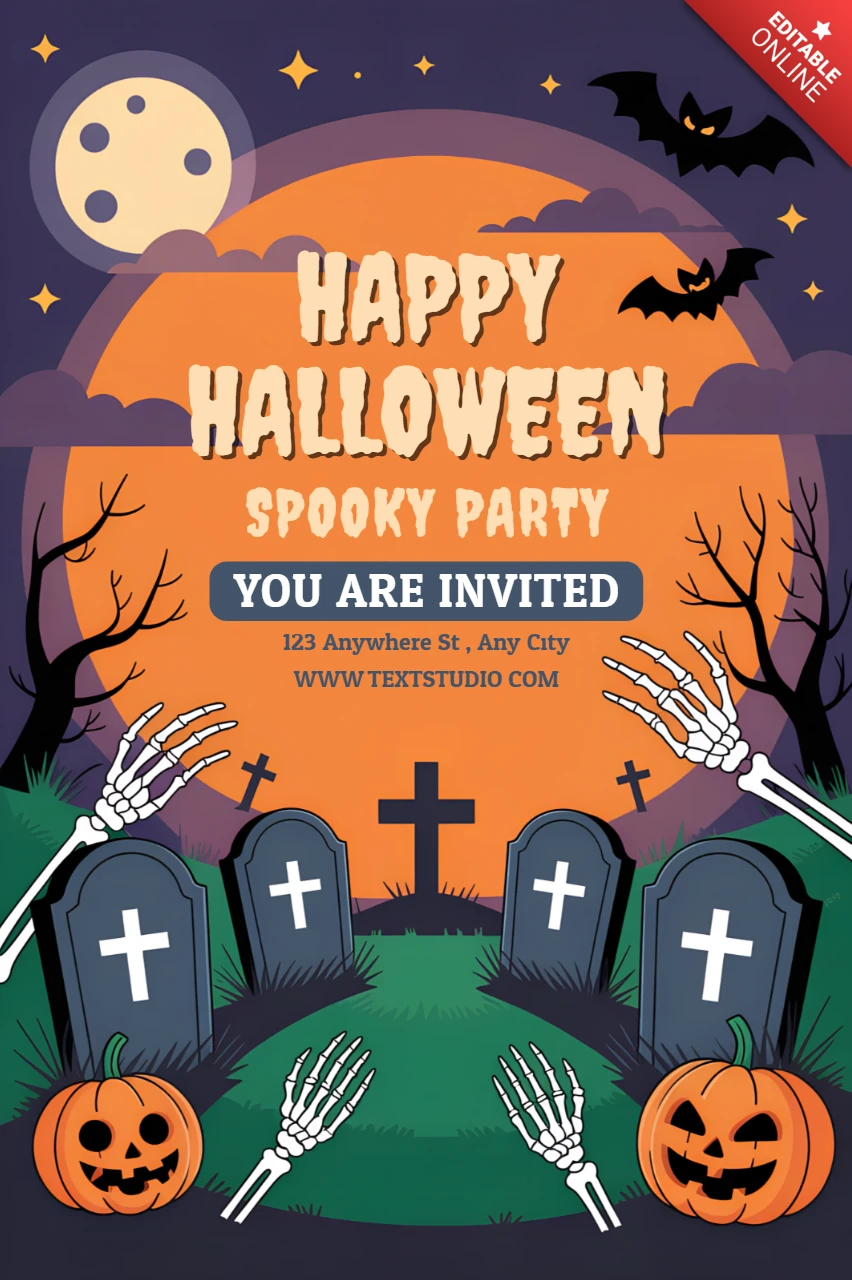 Spooky Halloween Party Invitation Template with Graveyard Design
