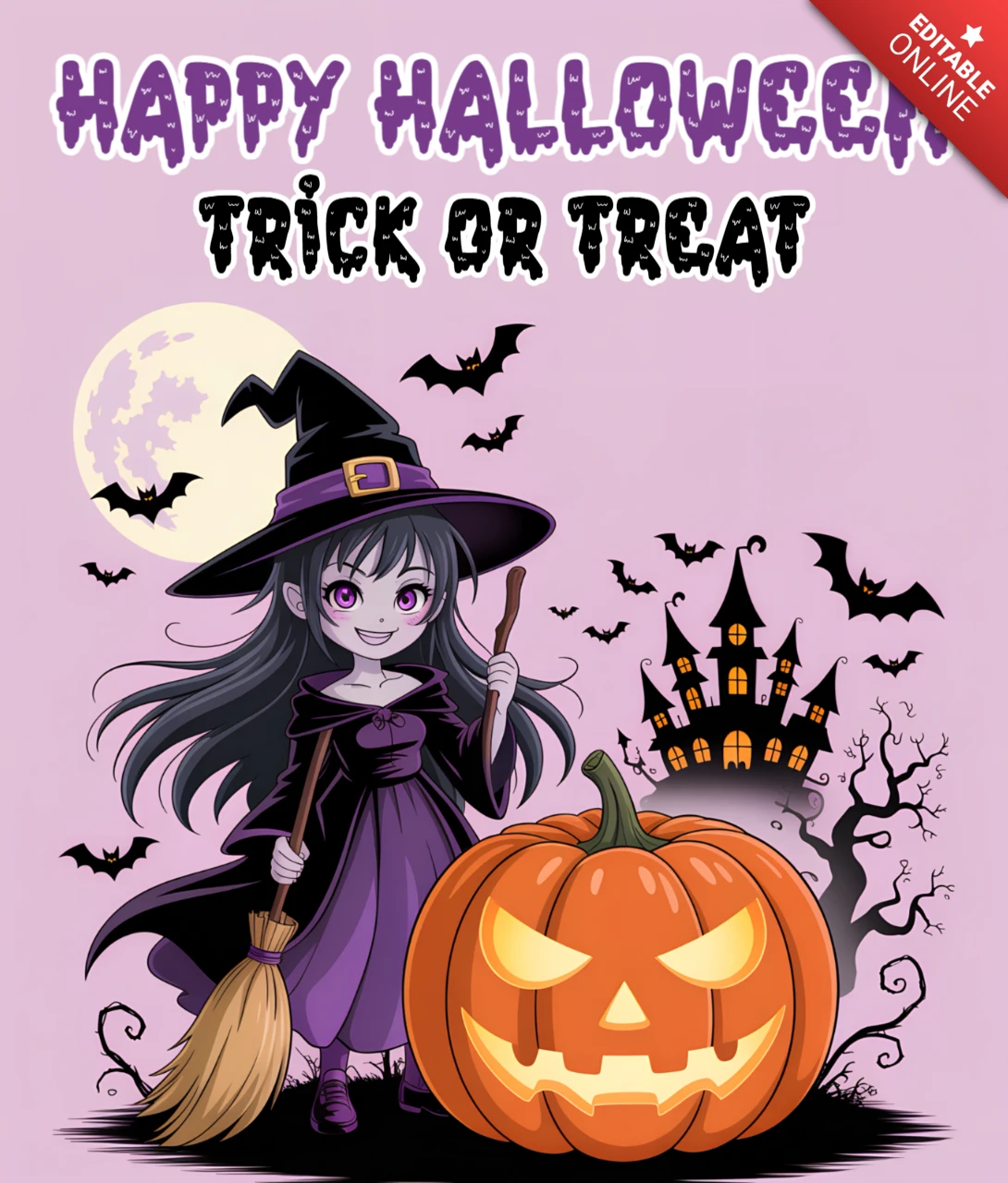 Plantilla de diseño de bruja editable para Halloween para tarjetas de felicitación con calabaza y murciélagos.