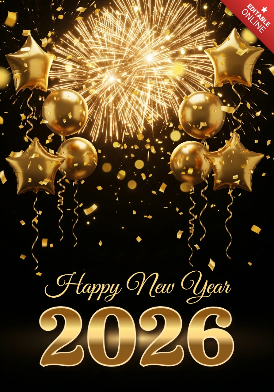 Holiday Greeting Card New Year 2026 Design with Fireworks, Ornaments, and Luxurious Flair
