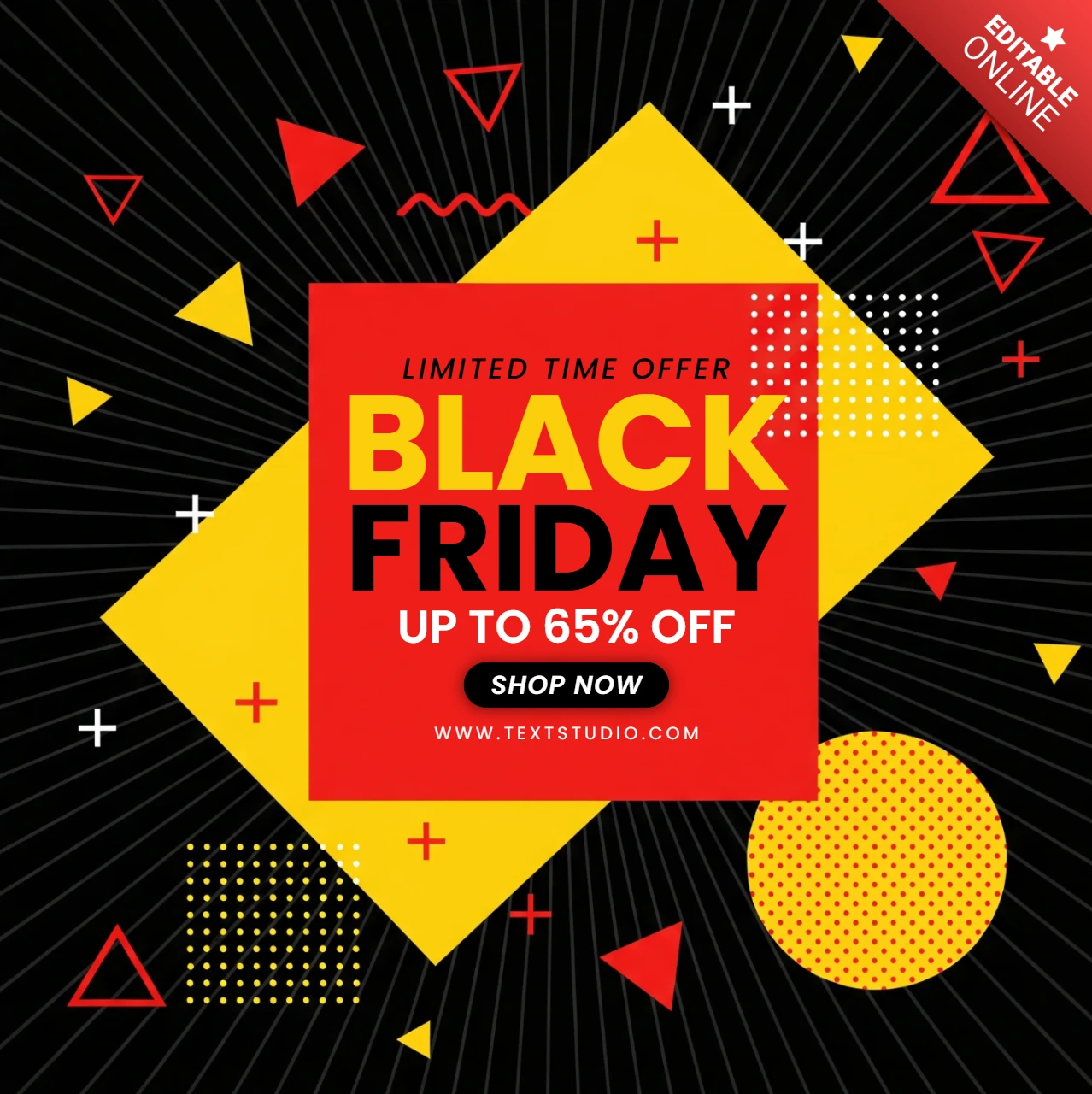 Promo festive de Black Friday, centre de table géométrique rouge et jaune avec un thème de célébration, modèle de design pour flyers promotionnels.