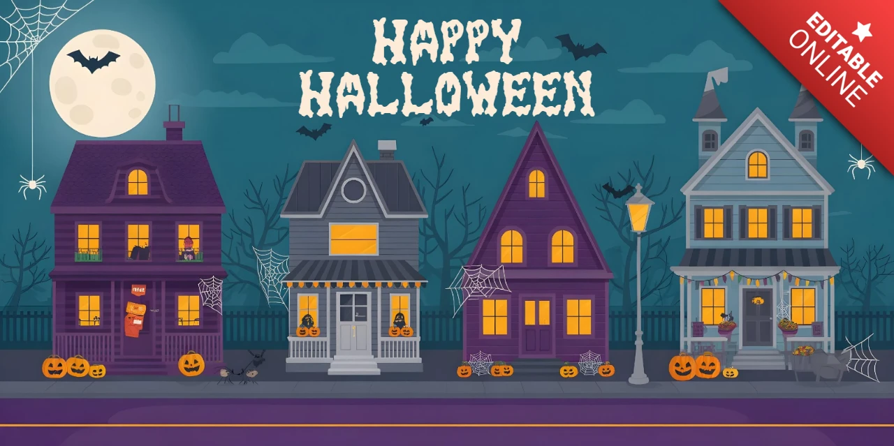 Template de design de capa do Facebook com casas decoradas para Halloween, janelas iluminadas e cena da lua cheia.