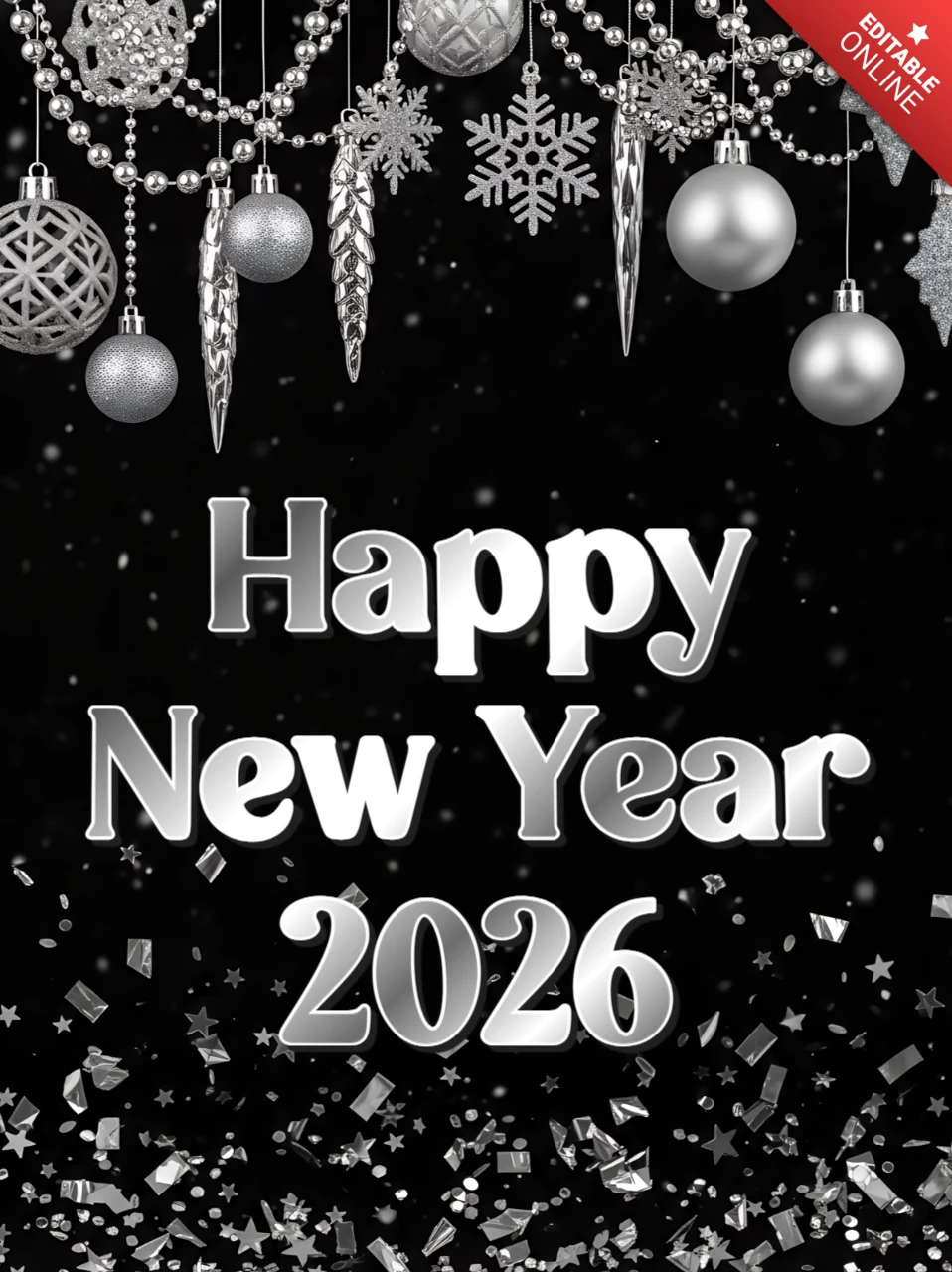 Elegant New Year 2026 Celebration Template with Silver Ornaments Design for Festive Invitations