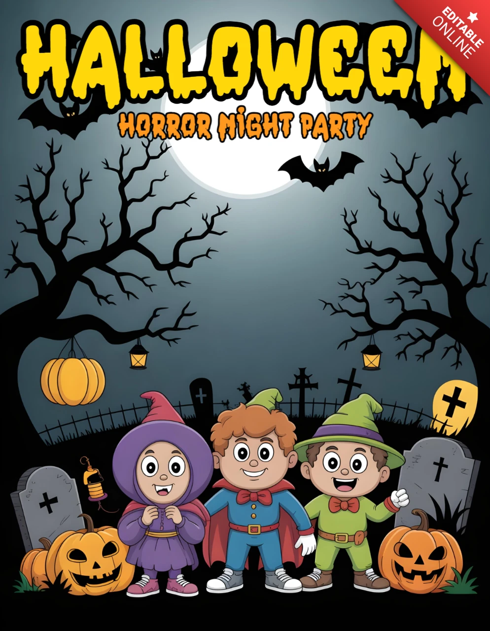 Halloween-Süßes oder Saures-Parade im mondbeschienenen Friedhof mit verdrehten Bäumen und leuchtenden Kürbissen Designvorlage für festliche Flyer