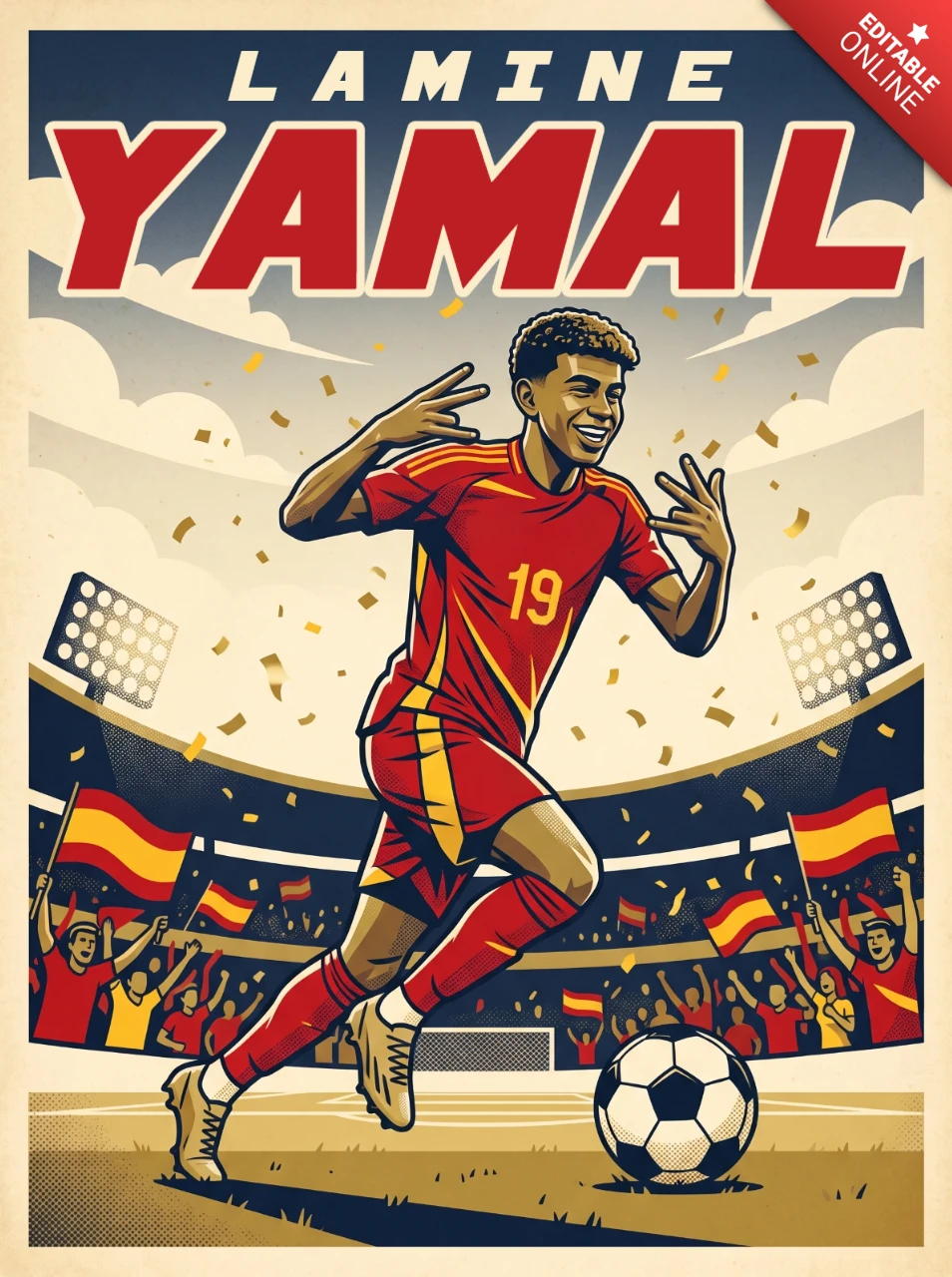 Lamine yamal vintage retrò squadra nazionale di calcio spagna stella nascente numero 19 stadio tifosi celebrazione design poster 2026
