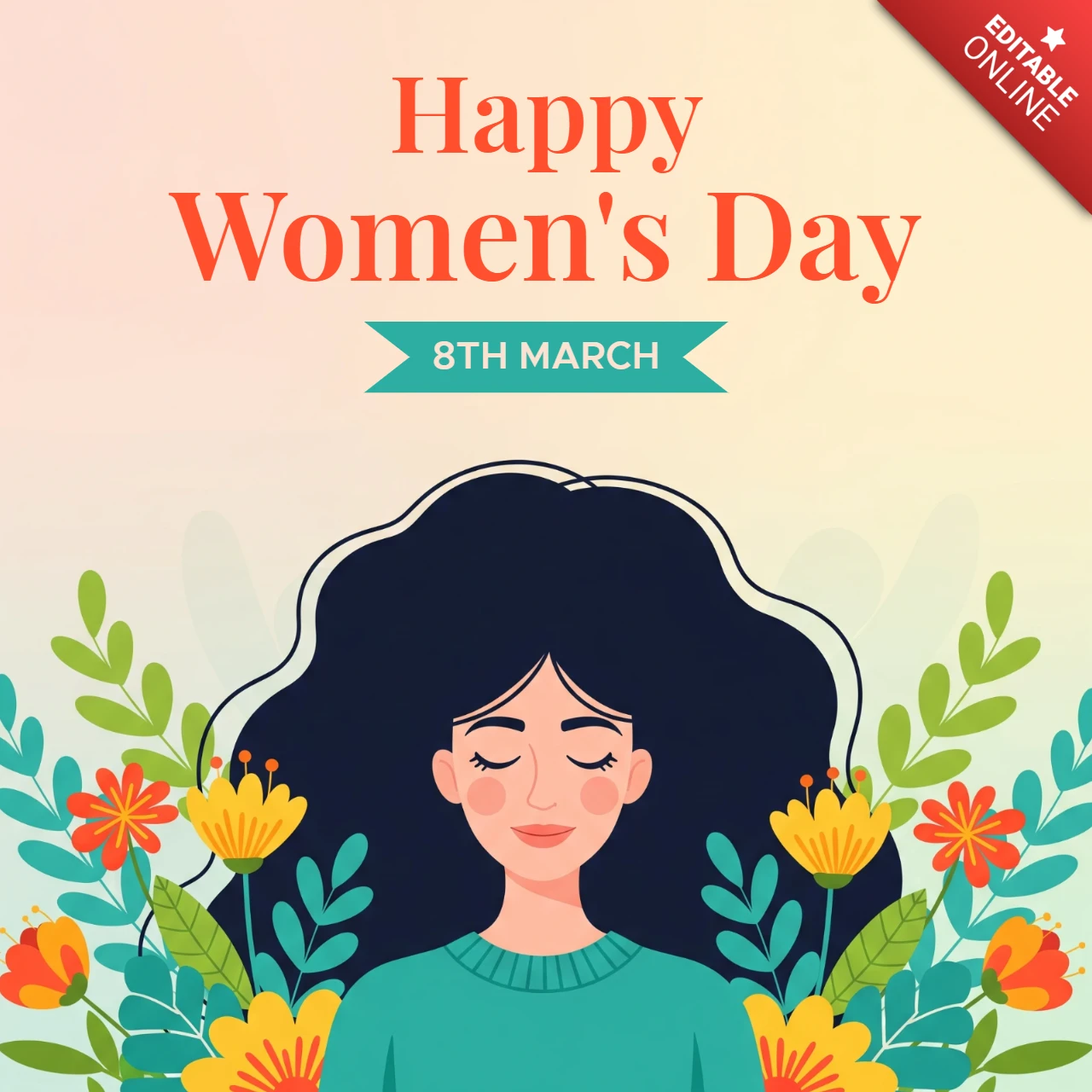 Happy International Women’s Day Poster Template with Woman Silhouette, Flowers, and Decorative Foliage
