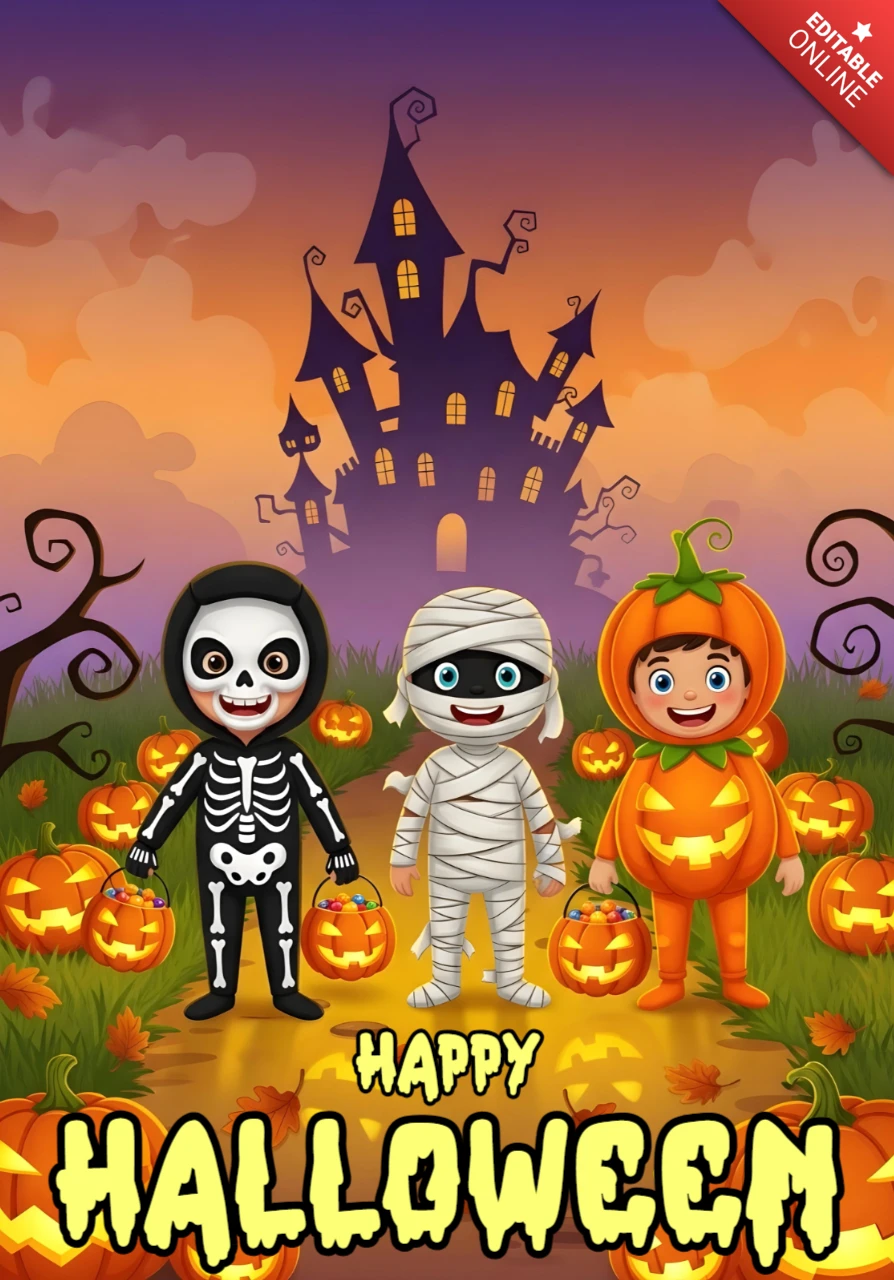 Halloween Party Flyer Template Haunted House Scene with Skeleton, Mummy & Pumpkin Kids Design for Festive