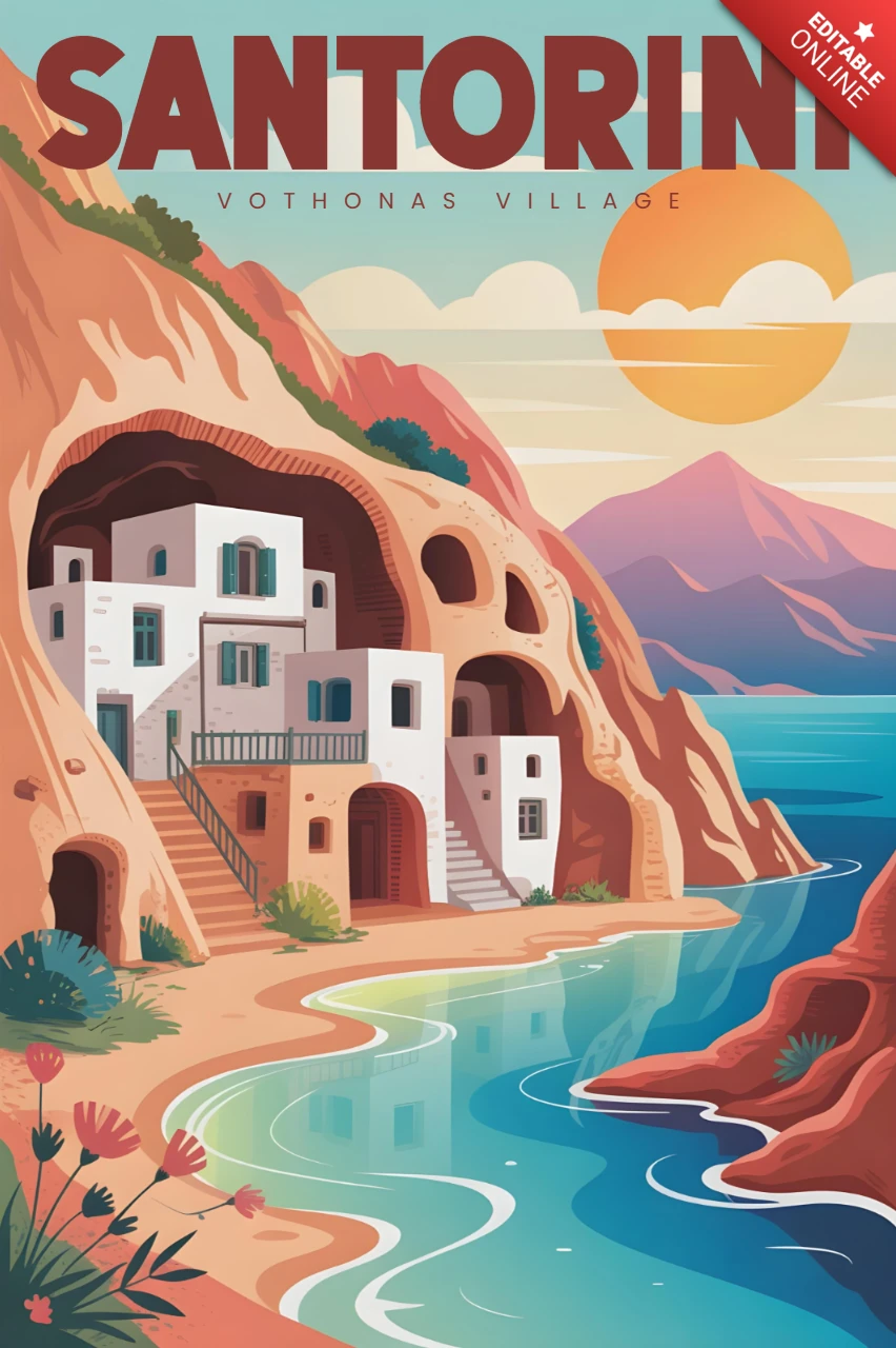 Vothonas villaggio con case scolpite nella roccia e vista sulla spiaggia al tramonto modello di design per poster di viaggio a Santorini
