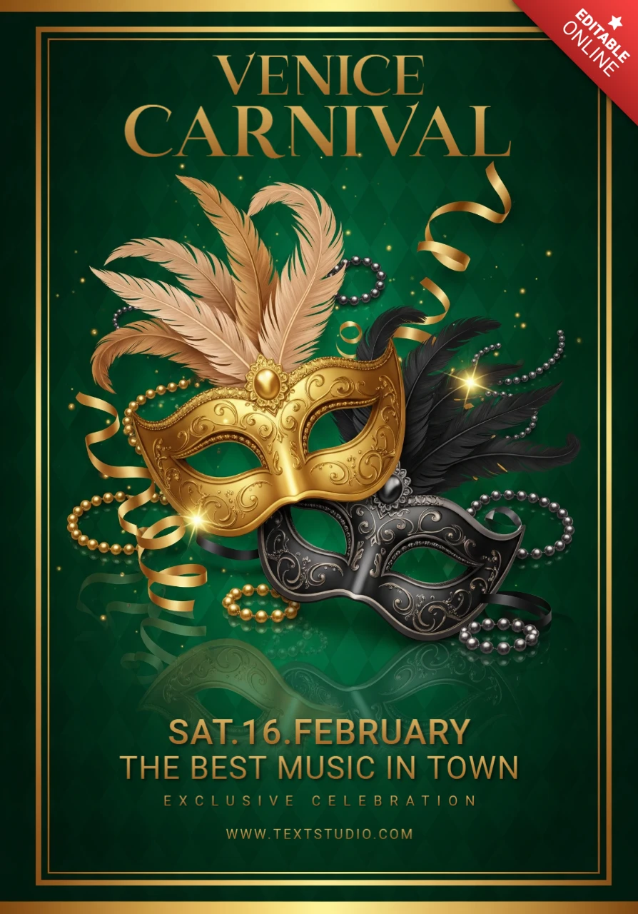 Poster elegante del carnevale di Venezia, maschere in oro e nero con piume e nastri su sfondo verde.