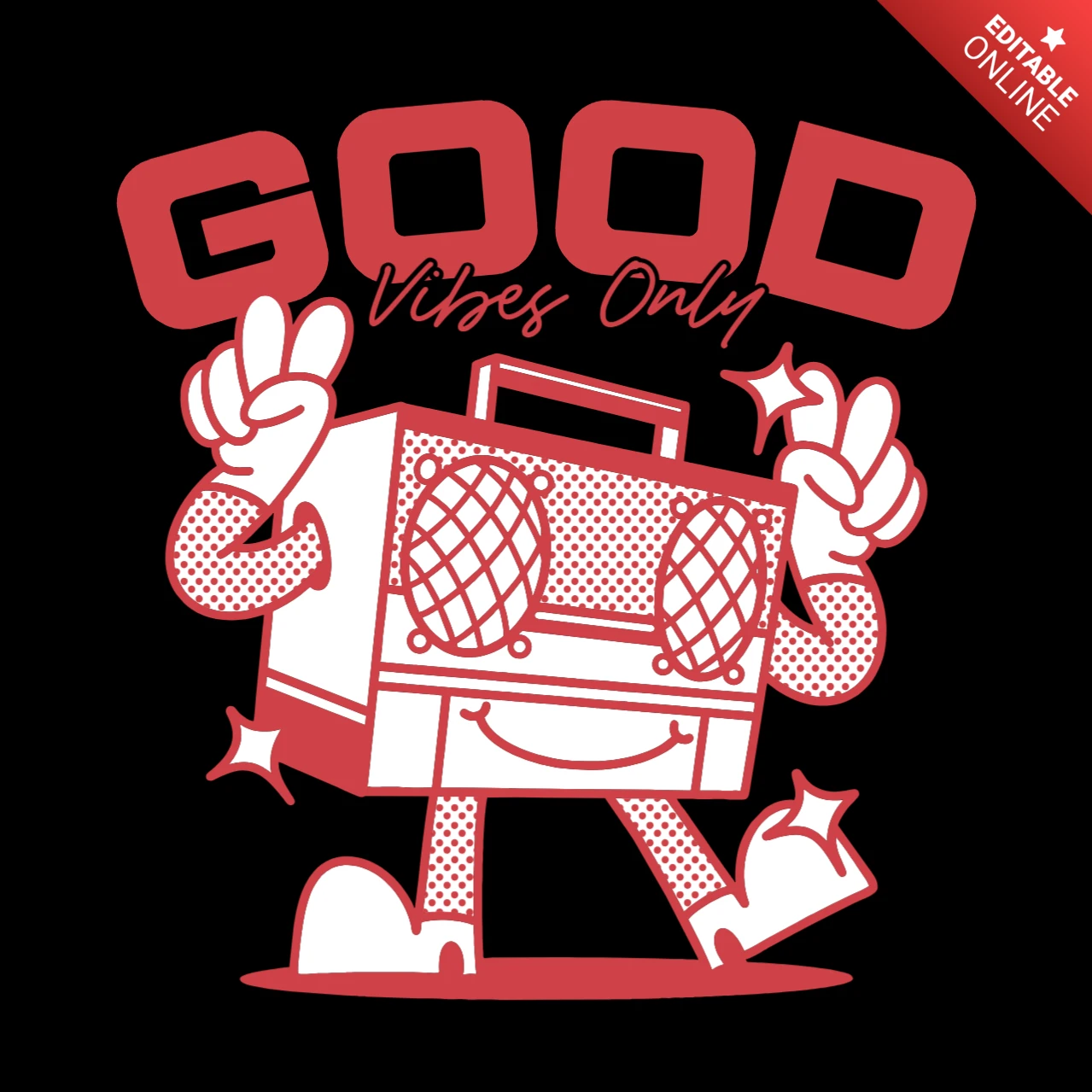 Good Vibes Only Retro Boombox Character Spreading Positivity T-Shirt Design Template