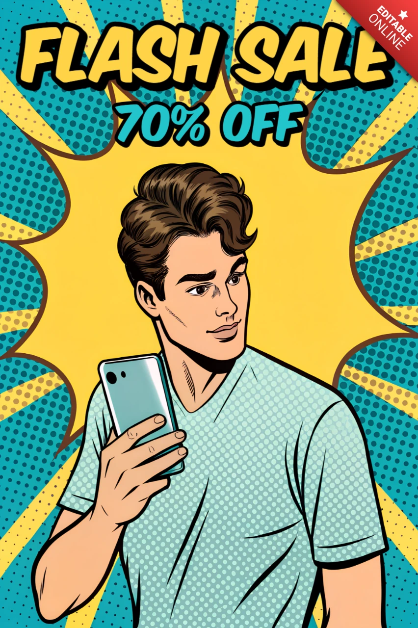 Pop-Art-Designvorlage für die Werbeaktion eines Blitzverkaufs mit junger Mann und Smartphone