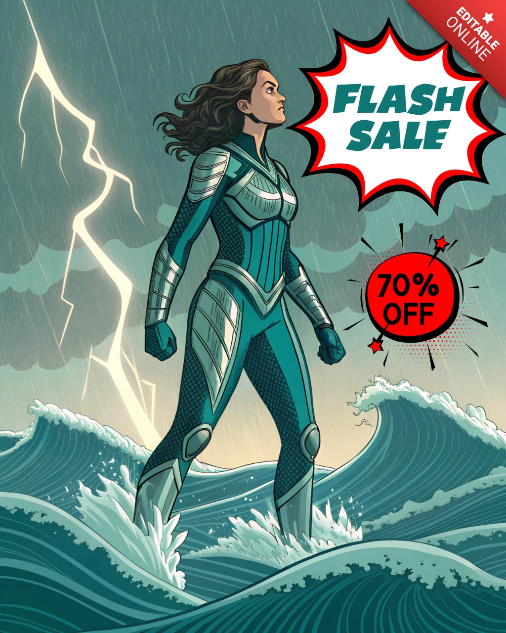 Comic Style Flash Sale Design Template with Heroine in Stormy Sea for Promotional Flyers