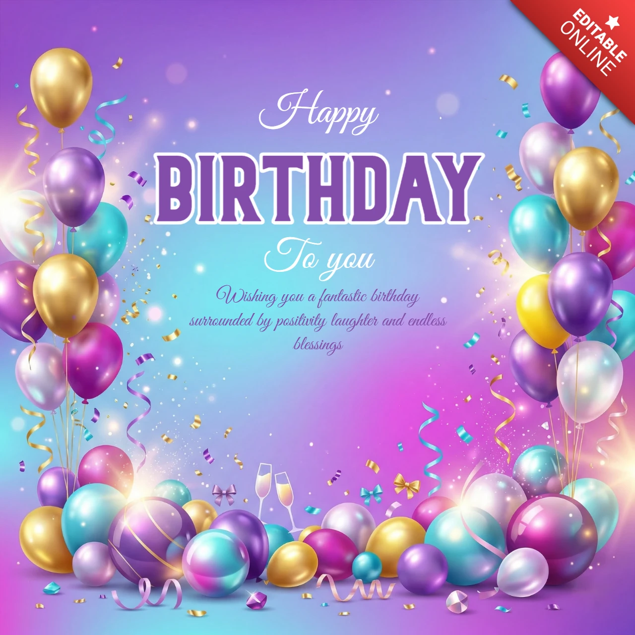 Cartel de felicitación de cumpleaños con fondo degradado vibrante, globos, regalos y alegres deseos de cumpleaños.