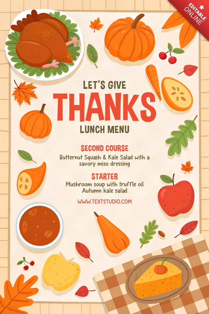 Modèle de menu de Thanksgiving avec des graphiques d'automne pour un restaurant ou un service de traiteur.