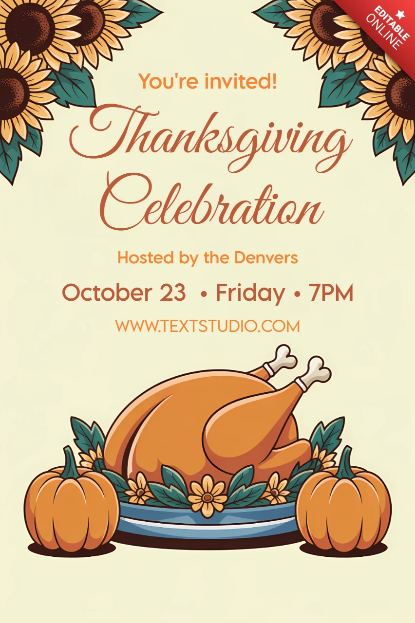 Thanksgiving Celebration Invitation Template with Turkey and Sunflowers Design