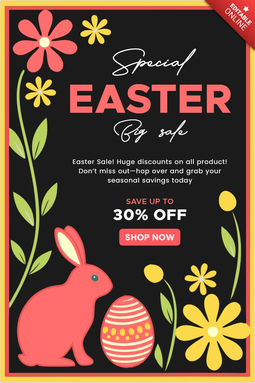 Spring Floral Easter Sale Design Template - Editable Promotion with Bunny and Flowers