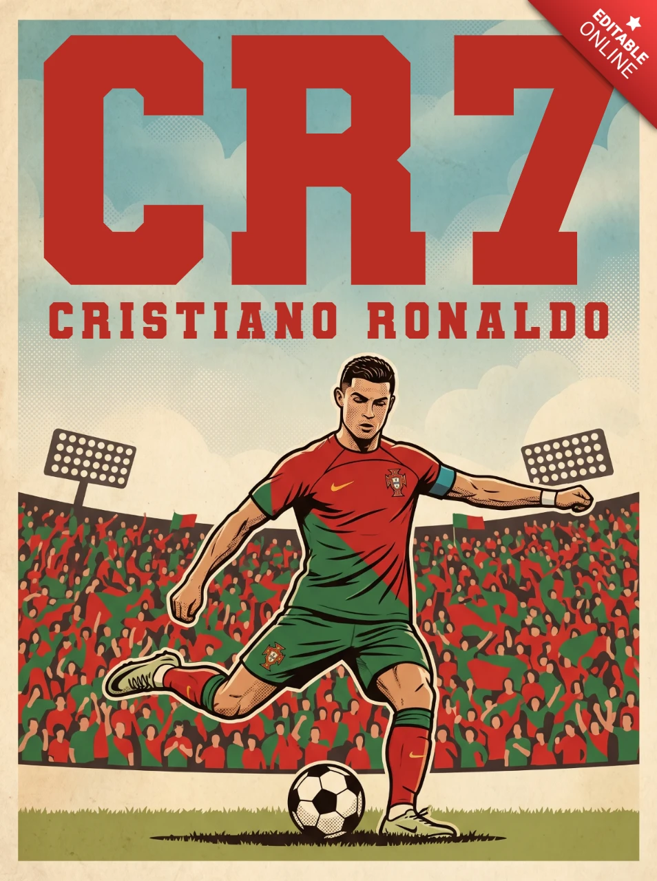 Décoration murale rétro de football Cr7 – illustration vintage de Cristiano Ronaldo Portugal avec une pose iconique, des éclairages de stade et un style d'affiche à l'ancienne