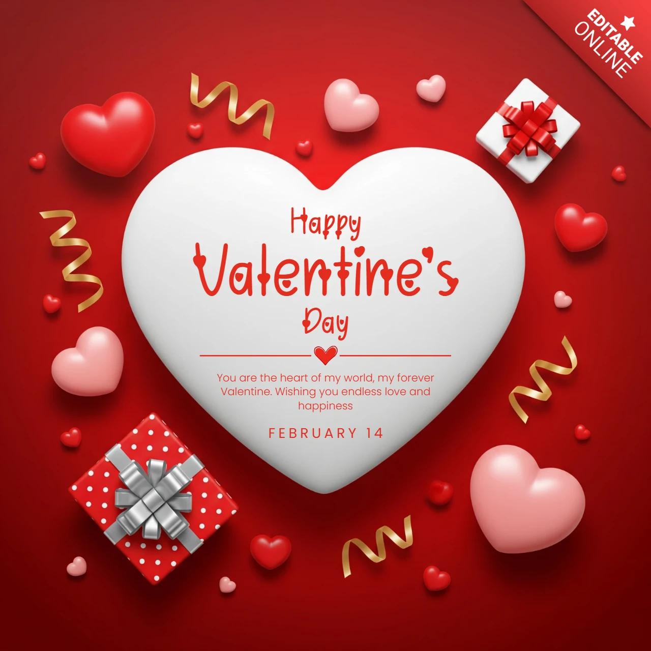 Valentinstagsgrußkarte mit reich rotem Hintergrund, 3D-Herzen, Schleifen und Geschenkboxen