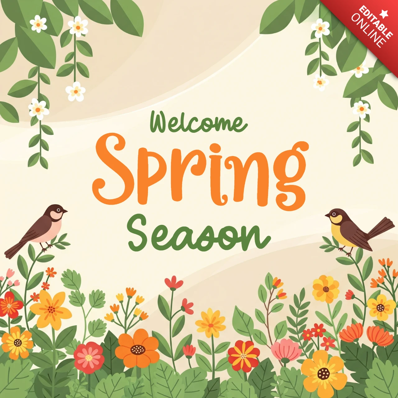 Plantilla de diseño de tarjeta de saludo floral de primavera con flores, borde decorativo y vibras frescas de temporada.