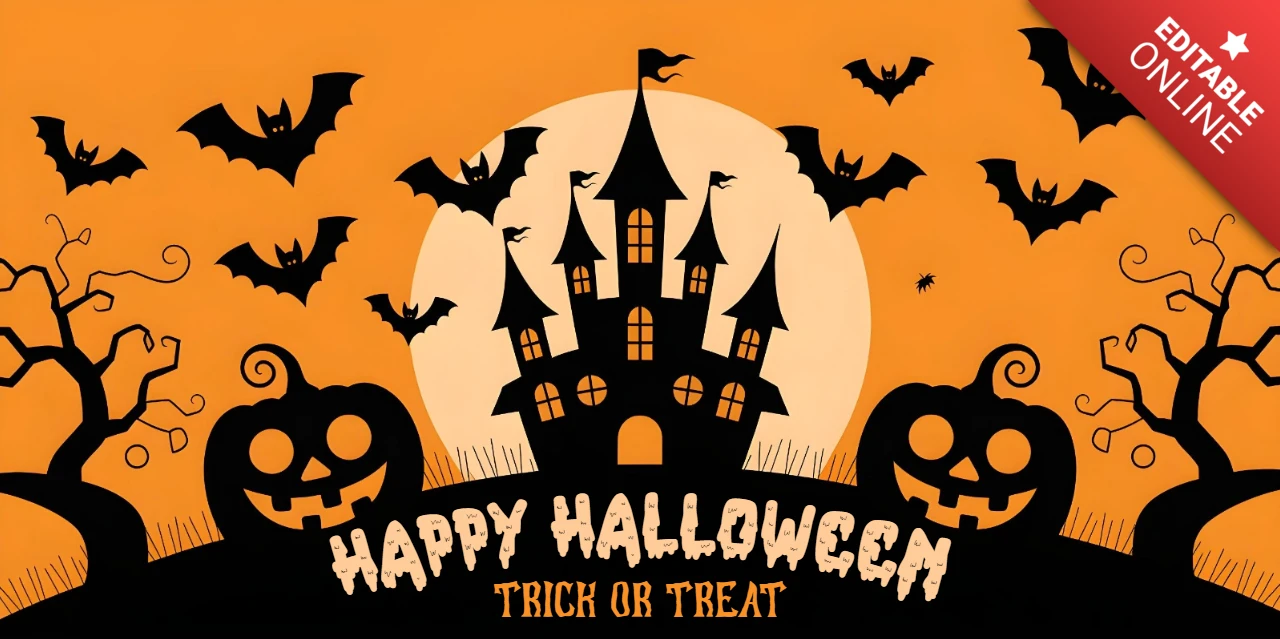 Modelo de capa para Facebook com cemitério de Halloween, janelas brilhantes, sorrisos sinistros e cena de floresta assustadora.
