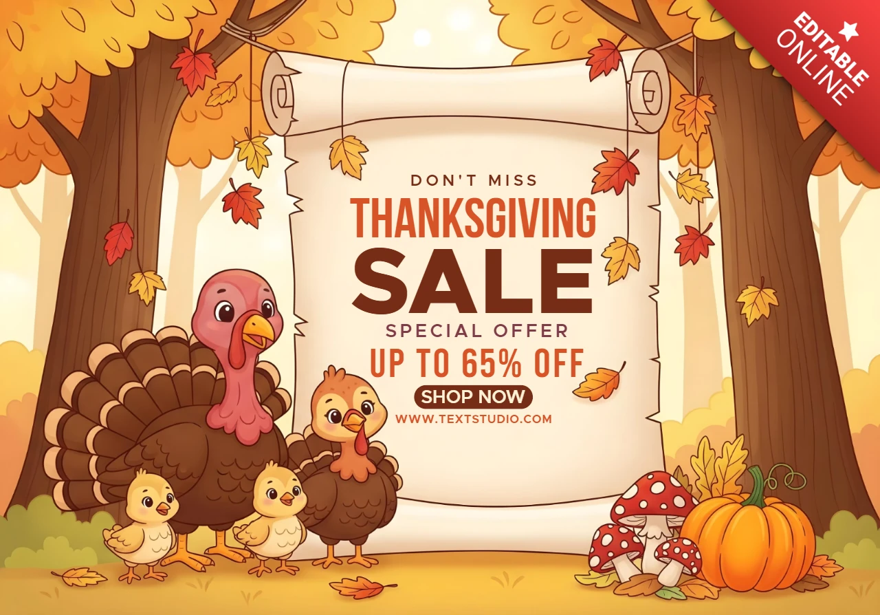 Thanksgiving Theme with Turkey Family, Acorns, Fall Trees & Special Offer Frame Promotional Sale Banner Design Template