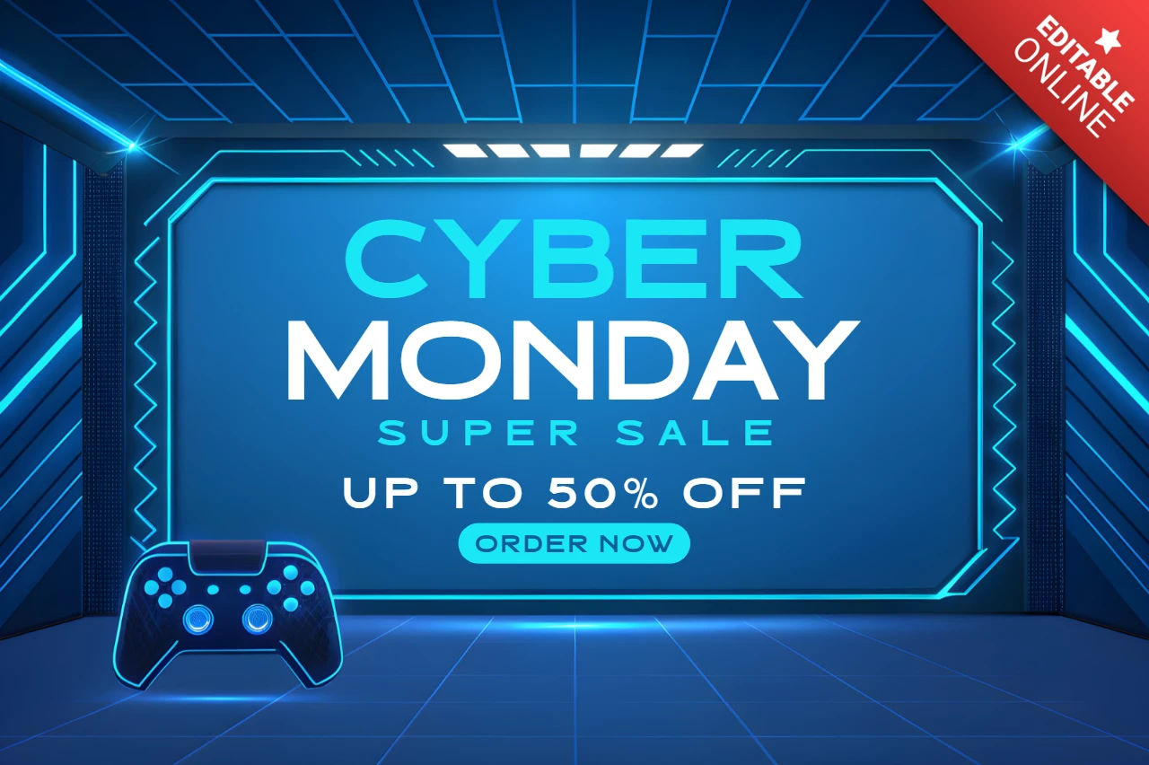Cyber Monday Sale Design Template with Gaming Controller and Neon Style