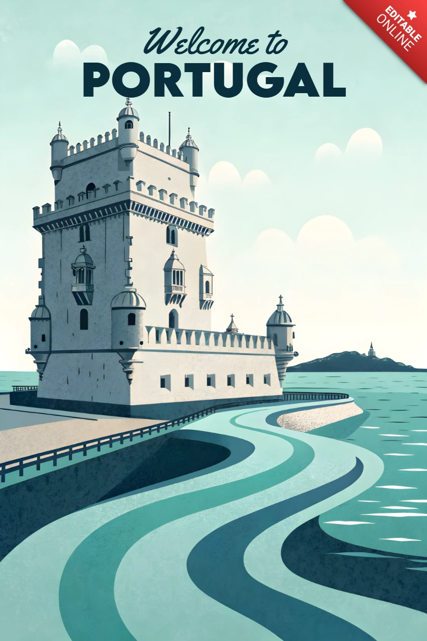 Vintage Portugal Travel Poster Design Template Featuring Belem Tower