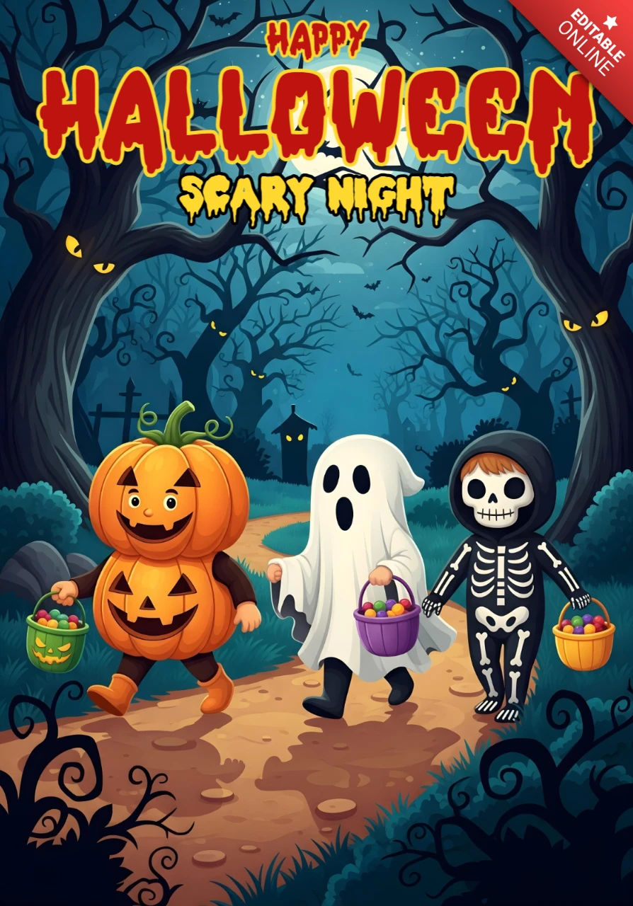 Halloween Party Flyer Dark Forest Scene with Costumed Children & Distant Haunted House Design Template for Festive