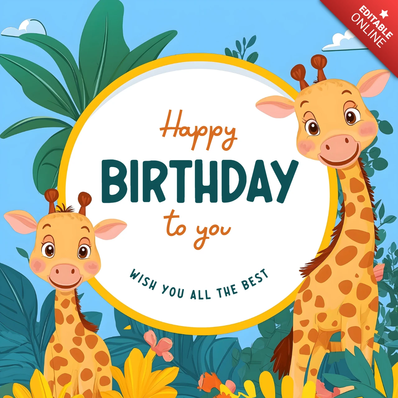 Modelo de design de cartão de aniversário com tema de girafa