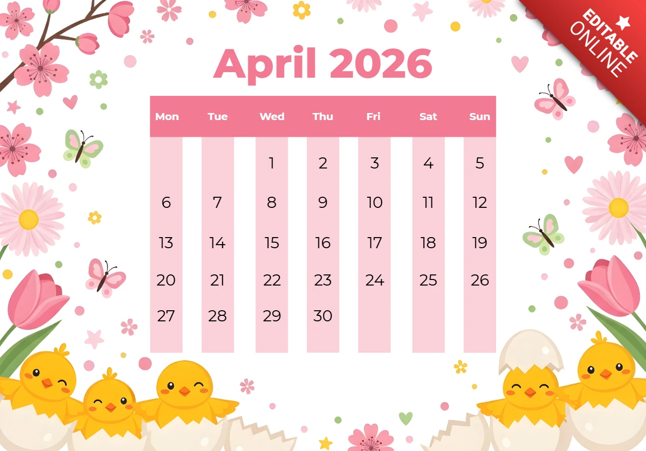 Fondo blanco elegante con pollitos, flores y tema de borde decorativo cartel calendario abril 2026