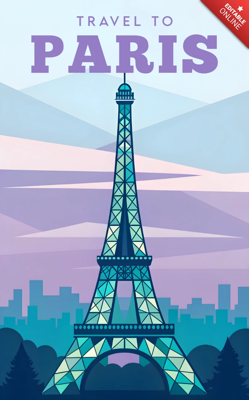 Plantilla de diseño de viaje a París con la torre Eiffel en estilo geométrico para carteles.