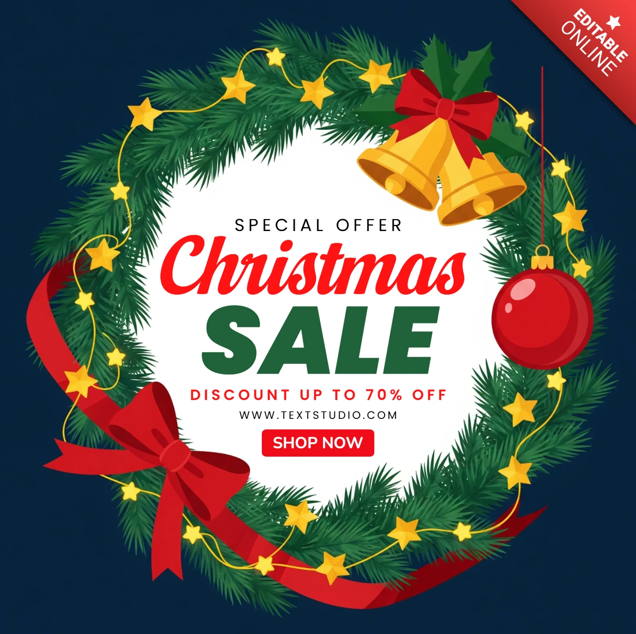 Annonce de vente du week-end de Noël, conception de flyer audacieuse avec un éclairage de couronne et des éléments décoratifs.