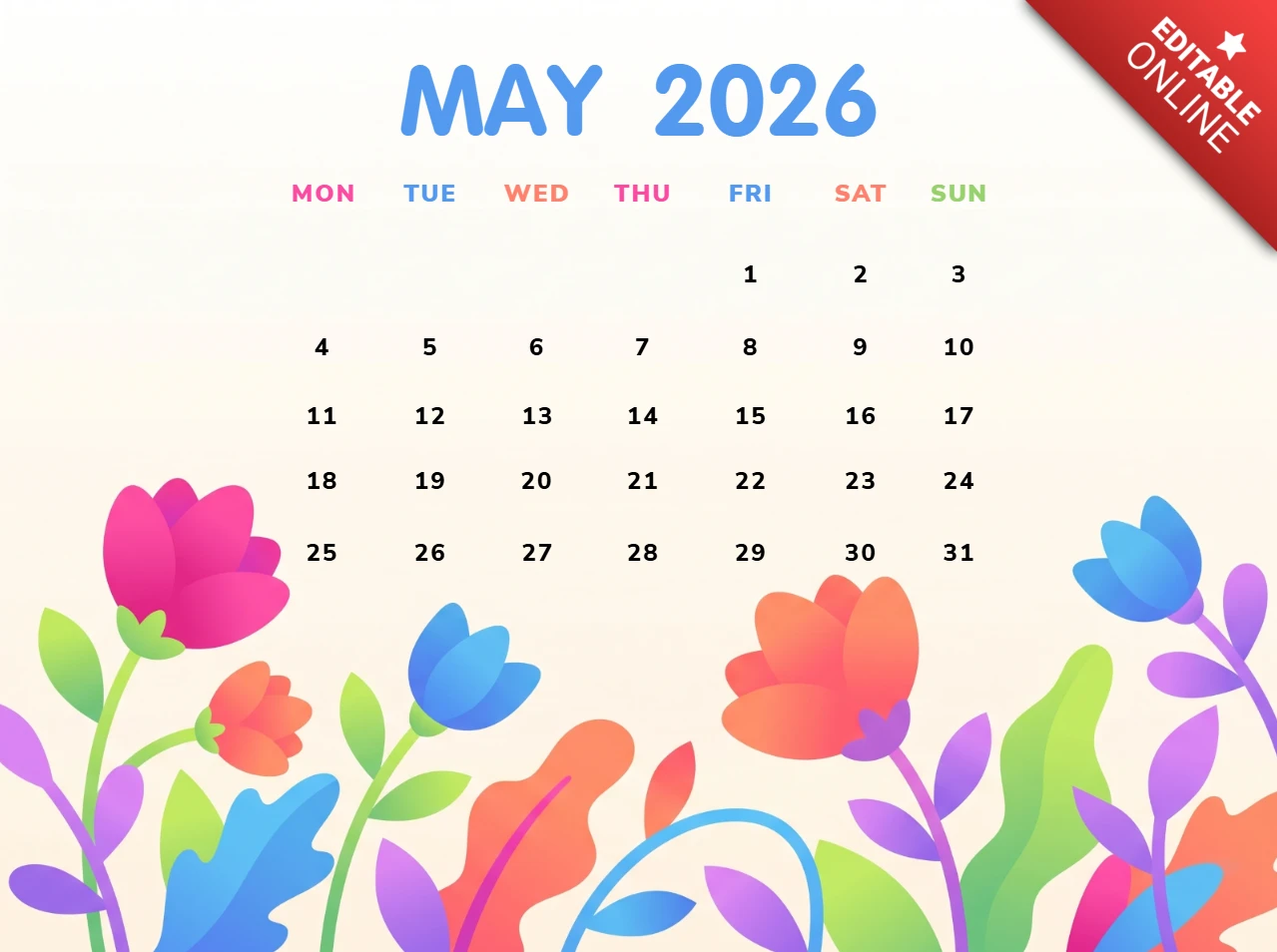 Pôster de calendário de parede de maio de 2026 - layout alegre de primavera com flores e folhas vibrantes