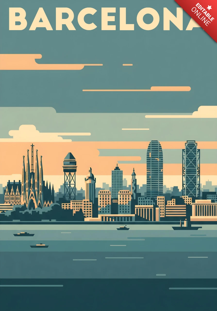 Modèle de design d'affiches de voyage pour l'architecture de Barcelone, Sagrada Família, Torre Glòries et vue côtière.
